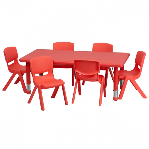 Flash Furniture 24''W x 48''L Adjustable Rectangular Red Plastic Activity Table Set with 6 School Stack Chairs [YU-YCX-0013-2-RECT-TBL-RED-E-GG]