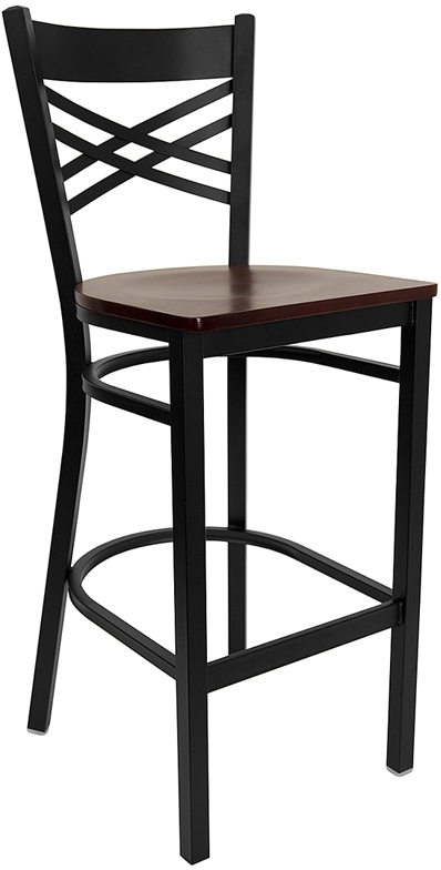 Flash Furniture HERCULES Series Black ''X'' Back Metal Restaurant Bar Stool with Mahogany Wood Seat [XU-6F8BXBK-BAR-MAHW-GG]