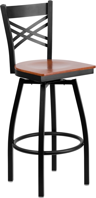 Flash Furniture HERCULES Series Black ''X'' Back Swivel Metal Bar Stool - Cherry Wood Seat [XU-6F8B-XSWVL-CHYW-GG]