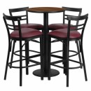 Flash Furniture 24'' Round Walnut Laminate Table Setwith 4 Ladder Back Metal Bar Stools - Burgundy Vinyl Seat [RSRB1040-GG] width=