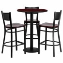 Flash Furniture 30'' Round Mahogany Laminate  Table Set with 3 Grid Back Metal Bar Stools - Mahogany Wood Seat [MD-0017-GG] width=