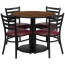 Flash Furniture 36'' Round Walnut Laminate Table Set with 4 Ladder Back Metal Chairs - Burgundy Vinyl Seat [RSRB1008-GG] width=