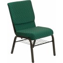 Flash Furniture HERCULES Series 18.5'' Wide Green Patterned Church Chair with 4.25'' Thick Seat Book Rack - Gold Vein Frame [XU-CH-60096-GN-BAS-GG] width=