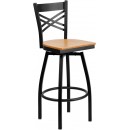 Flash Furniture HERCULES Series Black ''X'' Back Swivel Metal Bar Stool - Natural Wood Seat [XU-6F8B-XSWVL-NATW-GG] width=